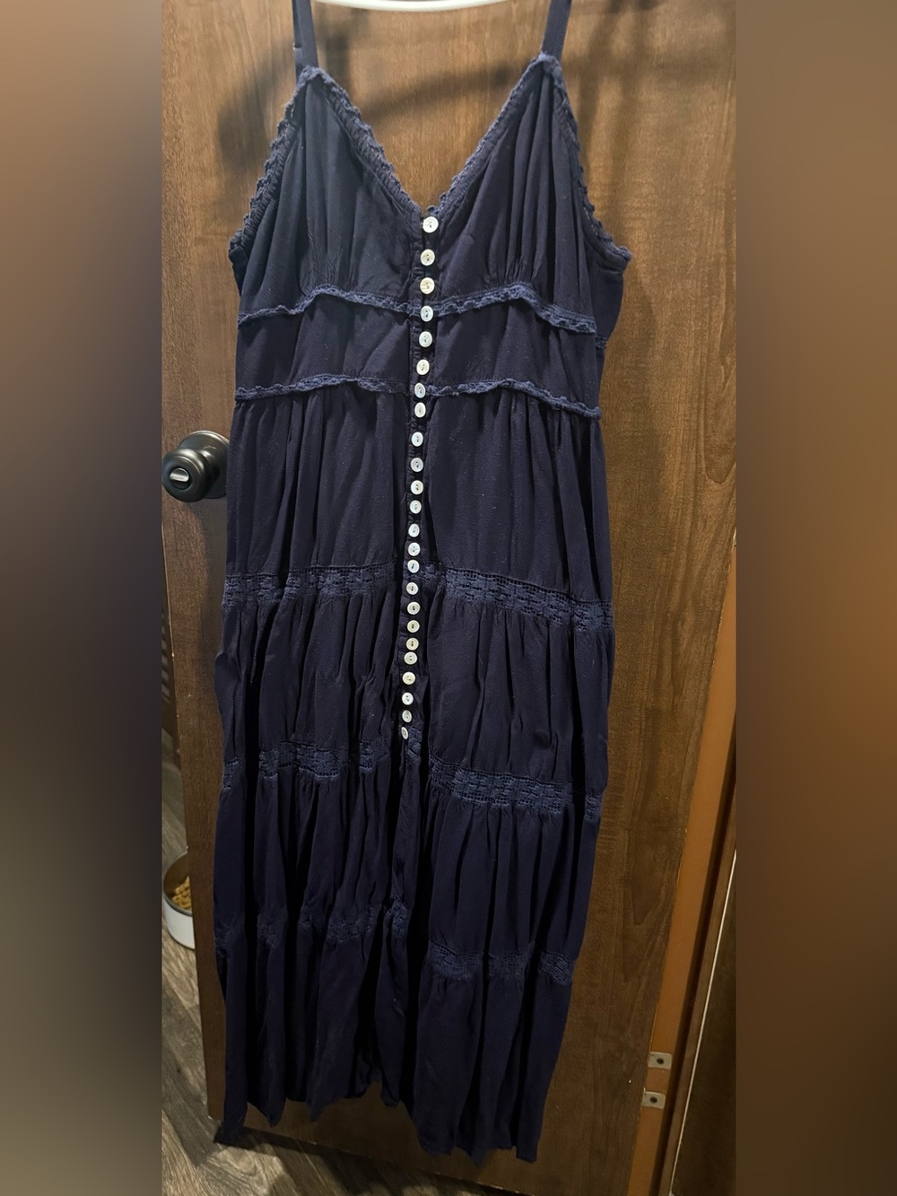 Navy Button-Front Tiered Maxi Dress